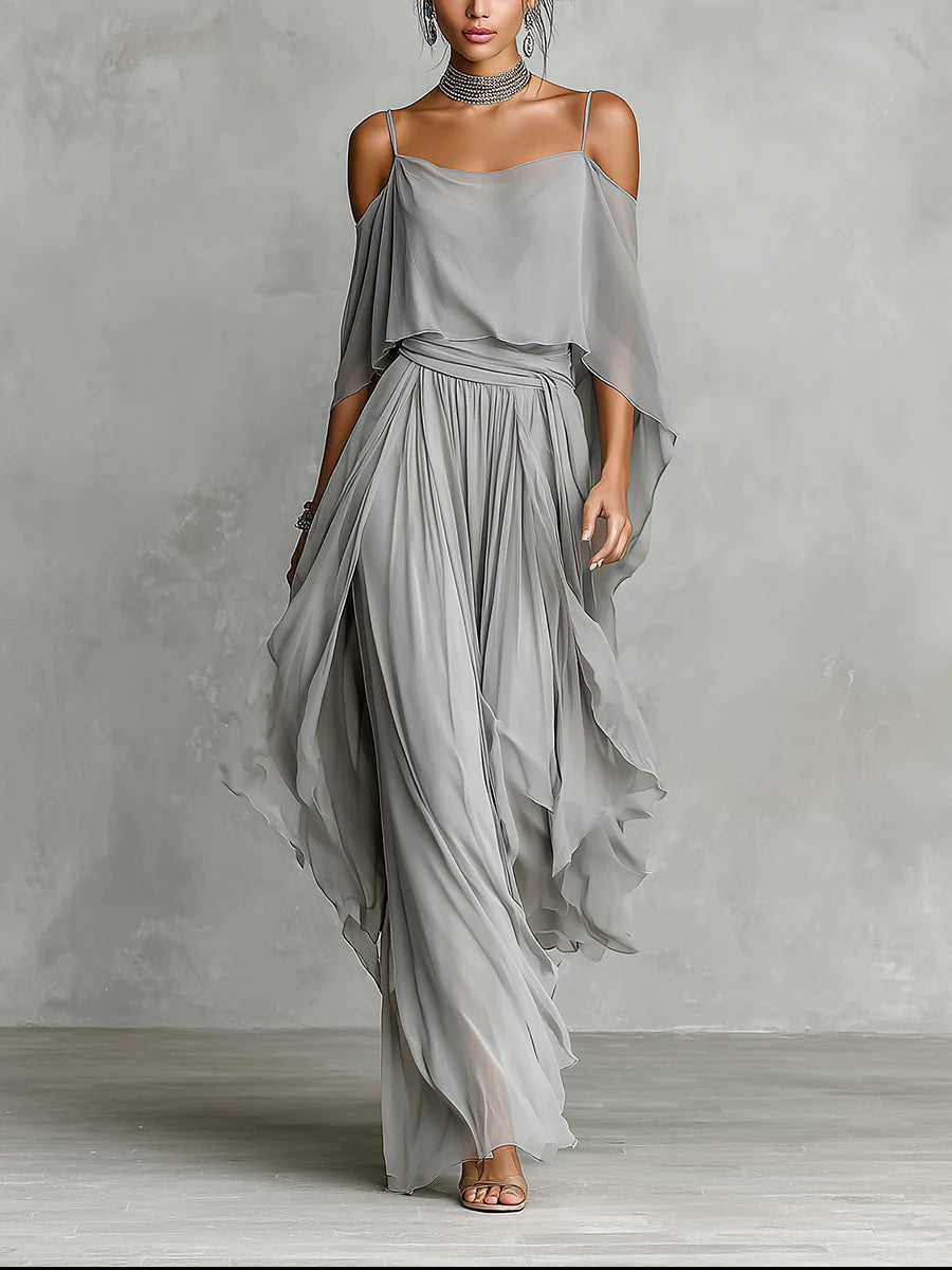 Isabella | Grey Flowing Top & Chiffon Trousers Set β’ S1