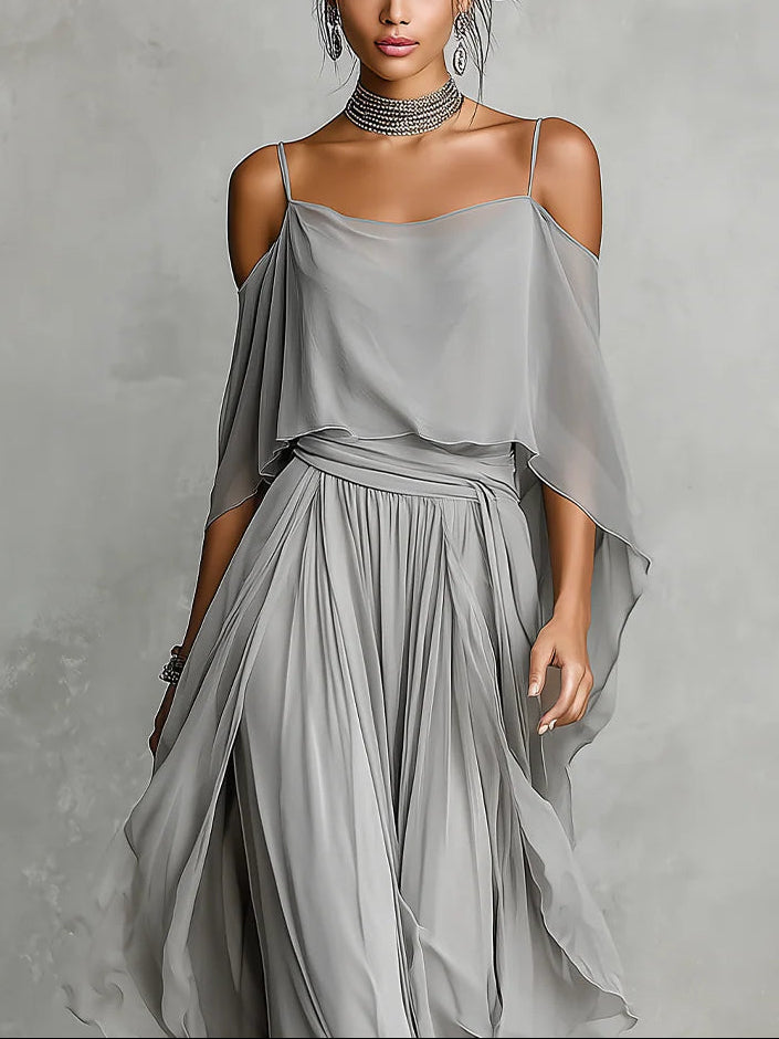 Isabella | Grey Flowing Top & Chiffon Trousers Set β’ S1