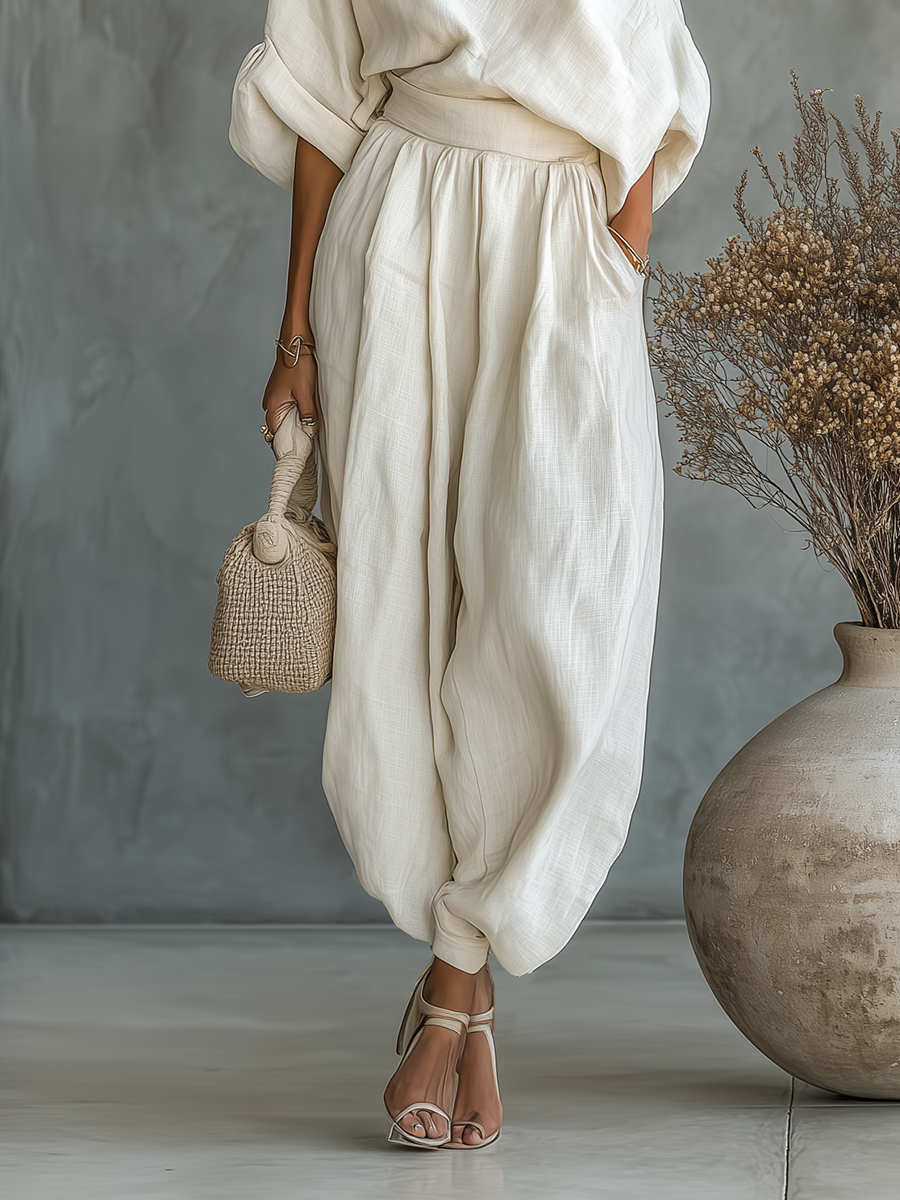 Women's Off-White Linen Set with Off-Shoulder Top and Tapered Pants β’ S1