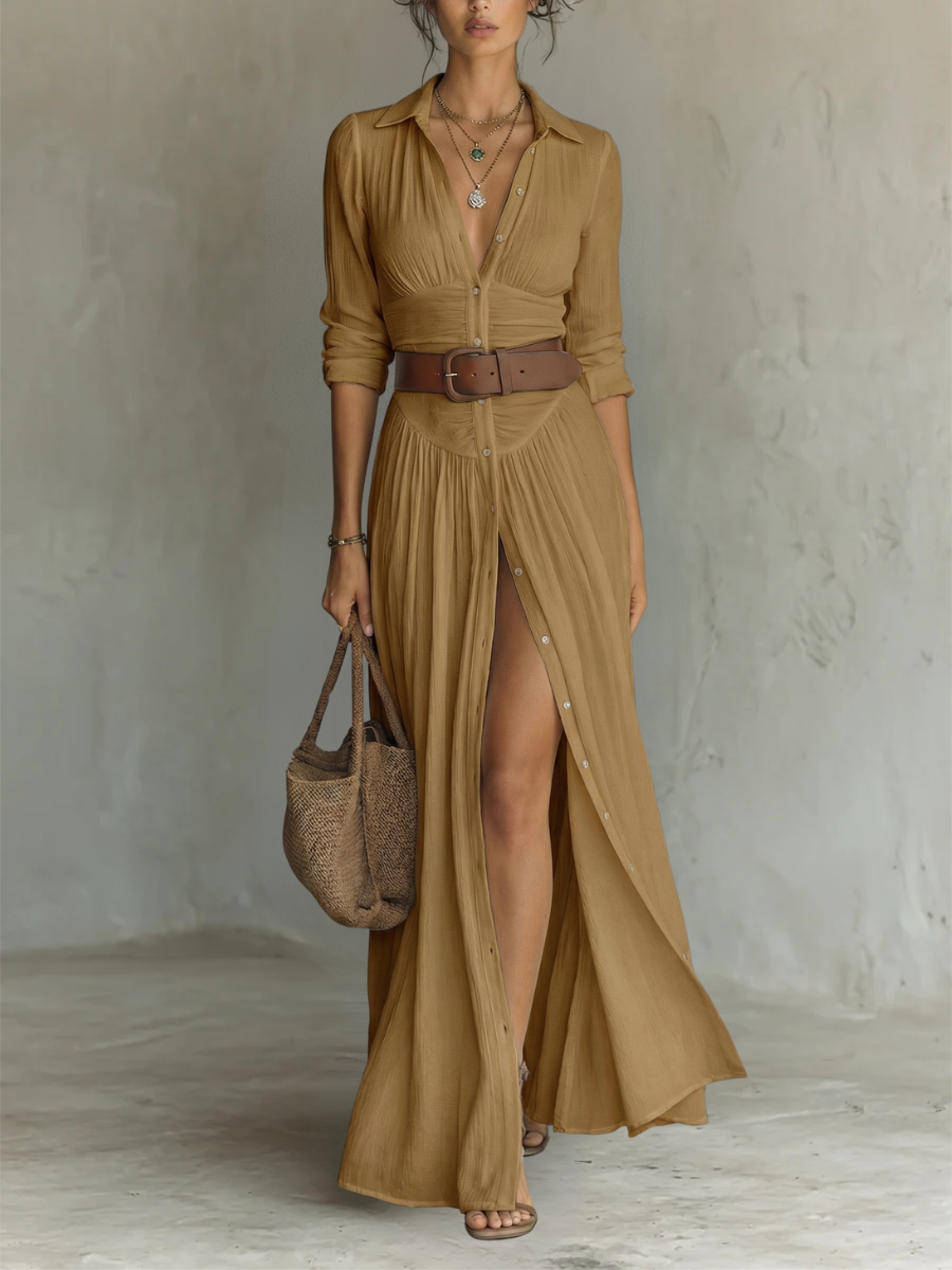 Long Maxi Dress with Notched Collar and Long Sleeves for Women β’ S1