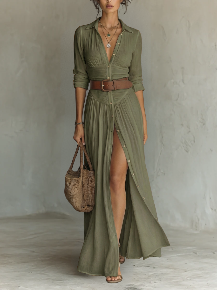 Long Maxi Dress with Notched Collar and Long Sleeves for Women β’ S1