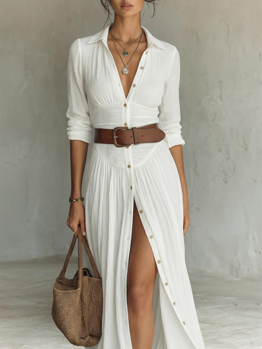 Long Maxi Dress with Notched Collar and Long Sleeves for Women β’ S1
