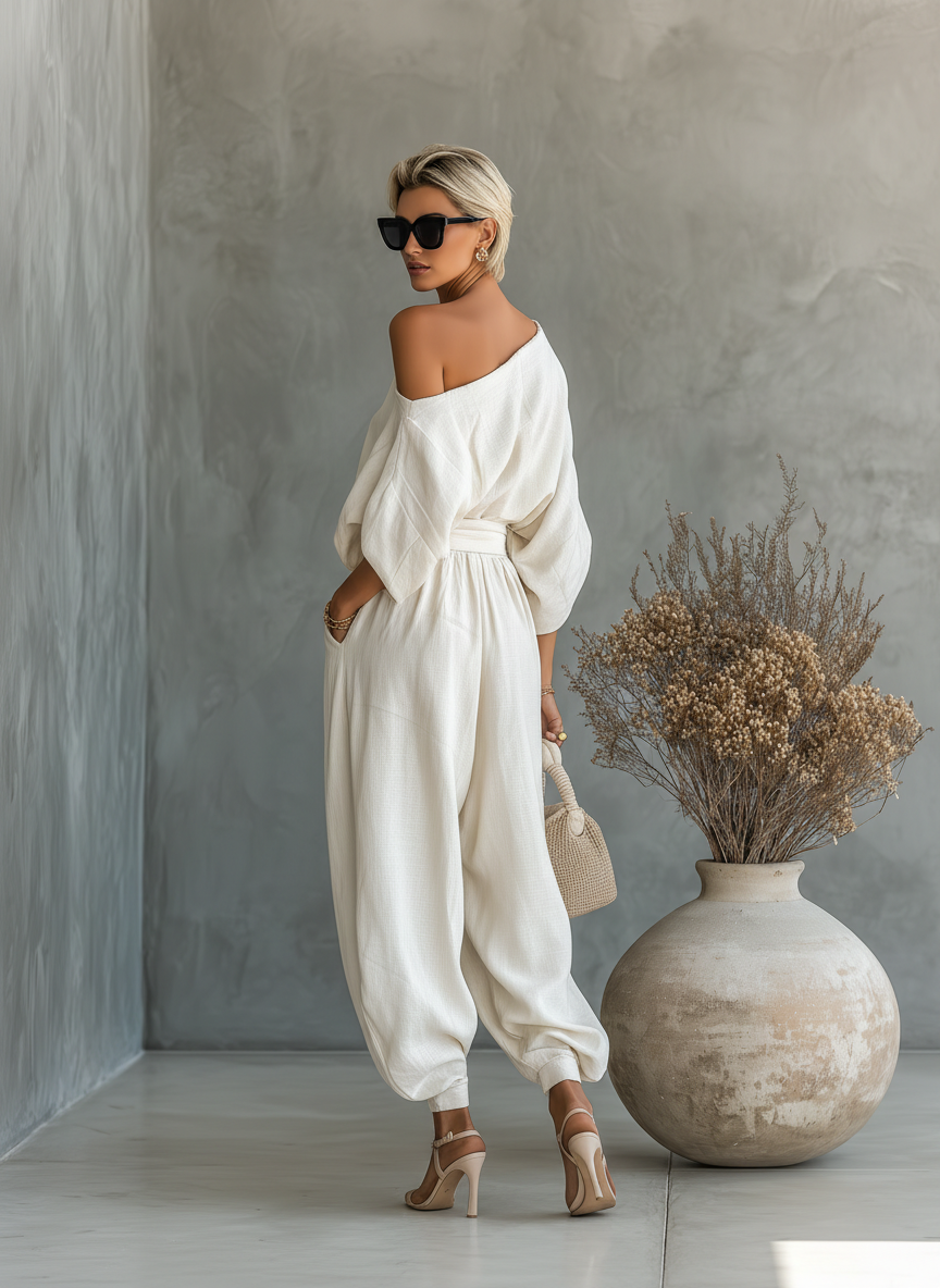 Women's Off-White Linen Set with Off-Shoulder Top and Tapered Pants β’ S1