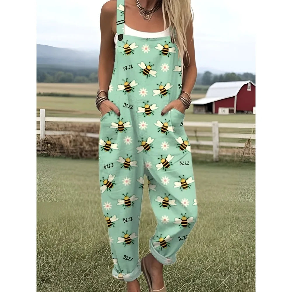 Relaxed Fit Women's Bumble Bee Overalls with Cute Animals Patterns Fashion Jumpsuits Adjustable Design for Picnics and Country Outings