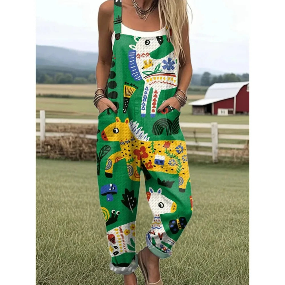 Relaxed Fit Women's Bumble Bee Overalls with Cute Animals Patterns Fashion Jumpsuits Adjustable Design for Picnics and Country Outings