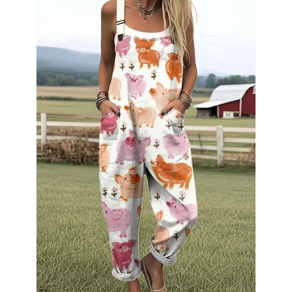 Relaxed Fit Women's Bumble Bee Overalls with Cute Animals Patterns Fashion Jumpsuits Adjustable Design for Picnics and Country Outings