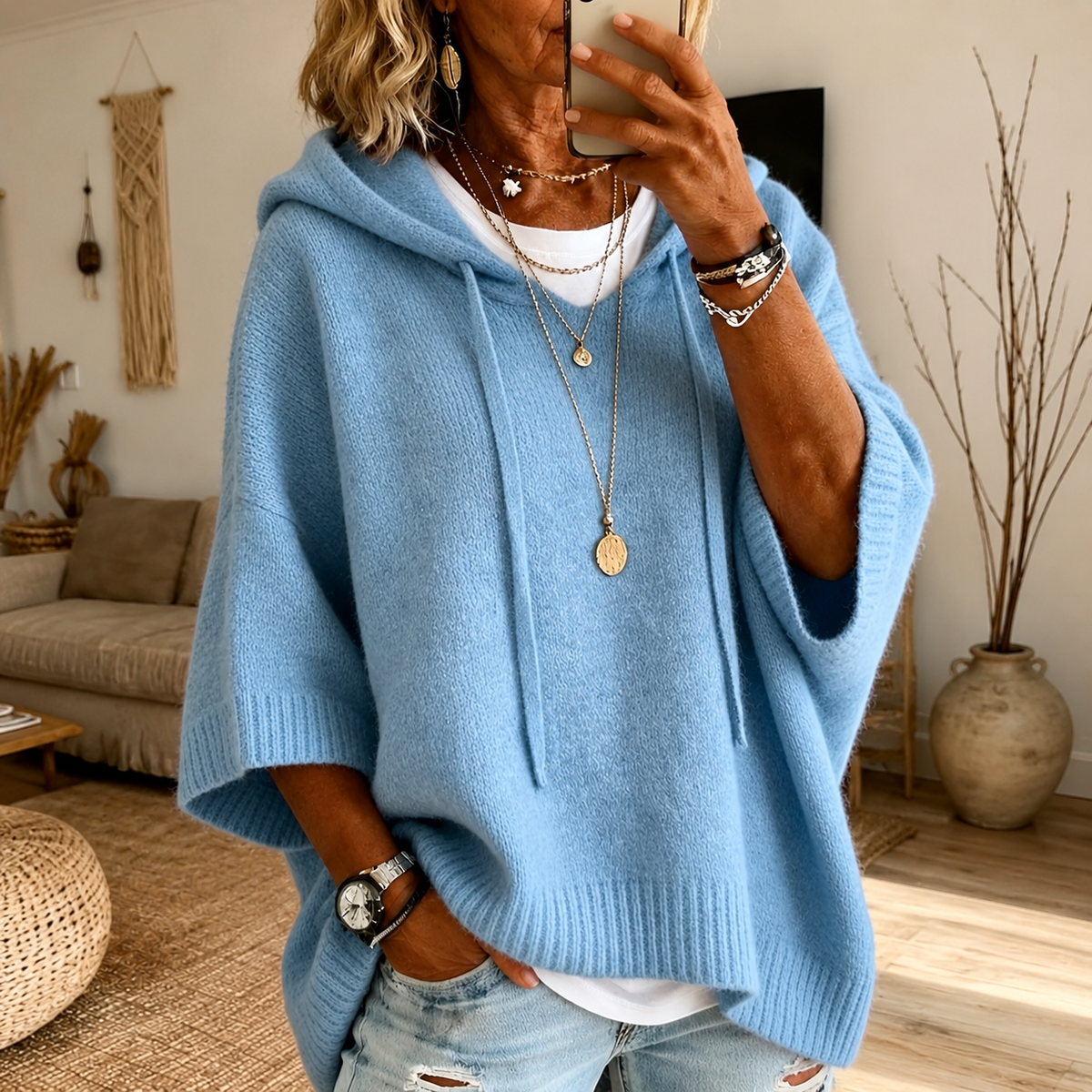Lea β Sky Blue Poncho Sweater