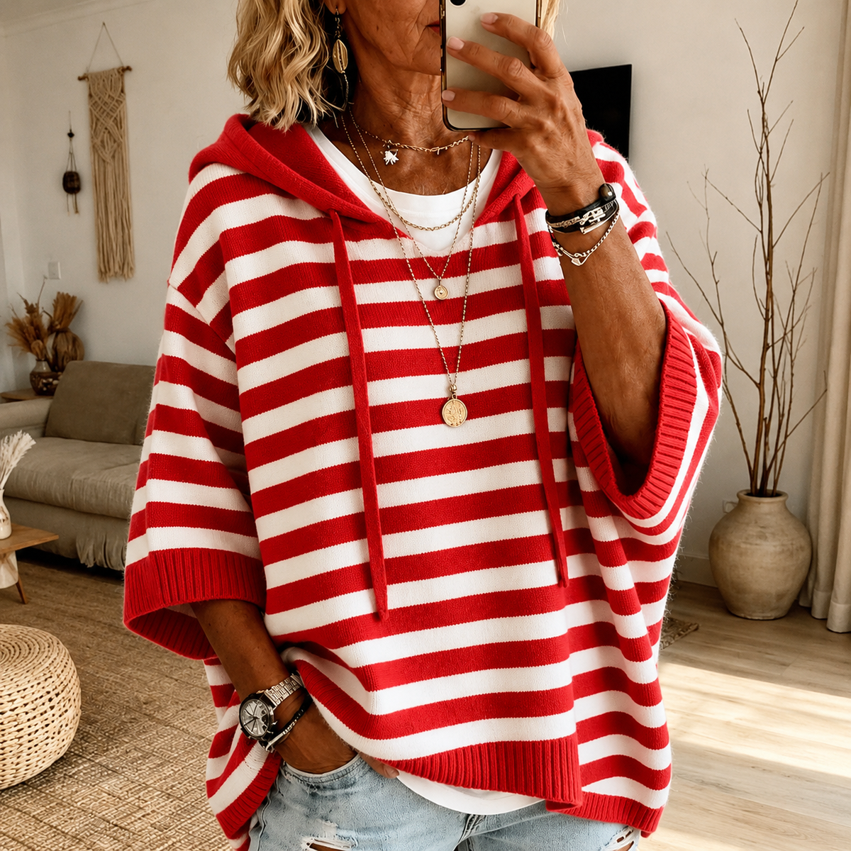 Charlotte β Red Striped Poncho Sweater
