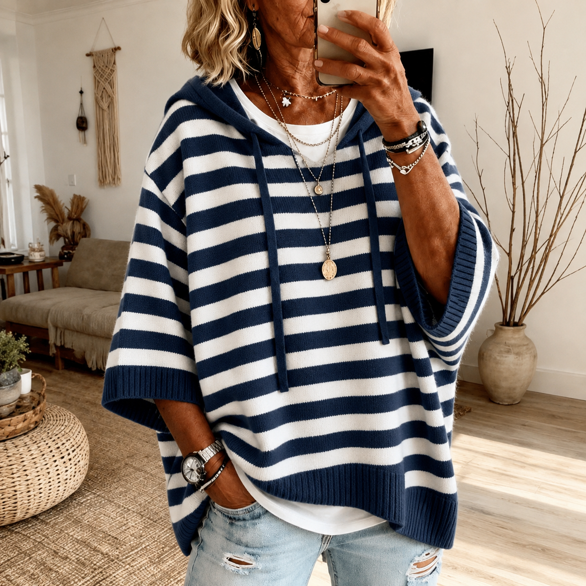 Marine β Navy Blue Striped Poncho Sweater