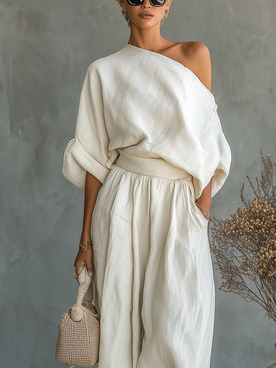 Women's Off-White Linen Set with Off-Shoulder Top and Tapered Pants β’ S1