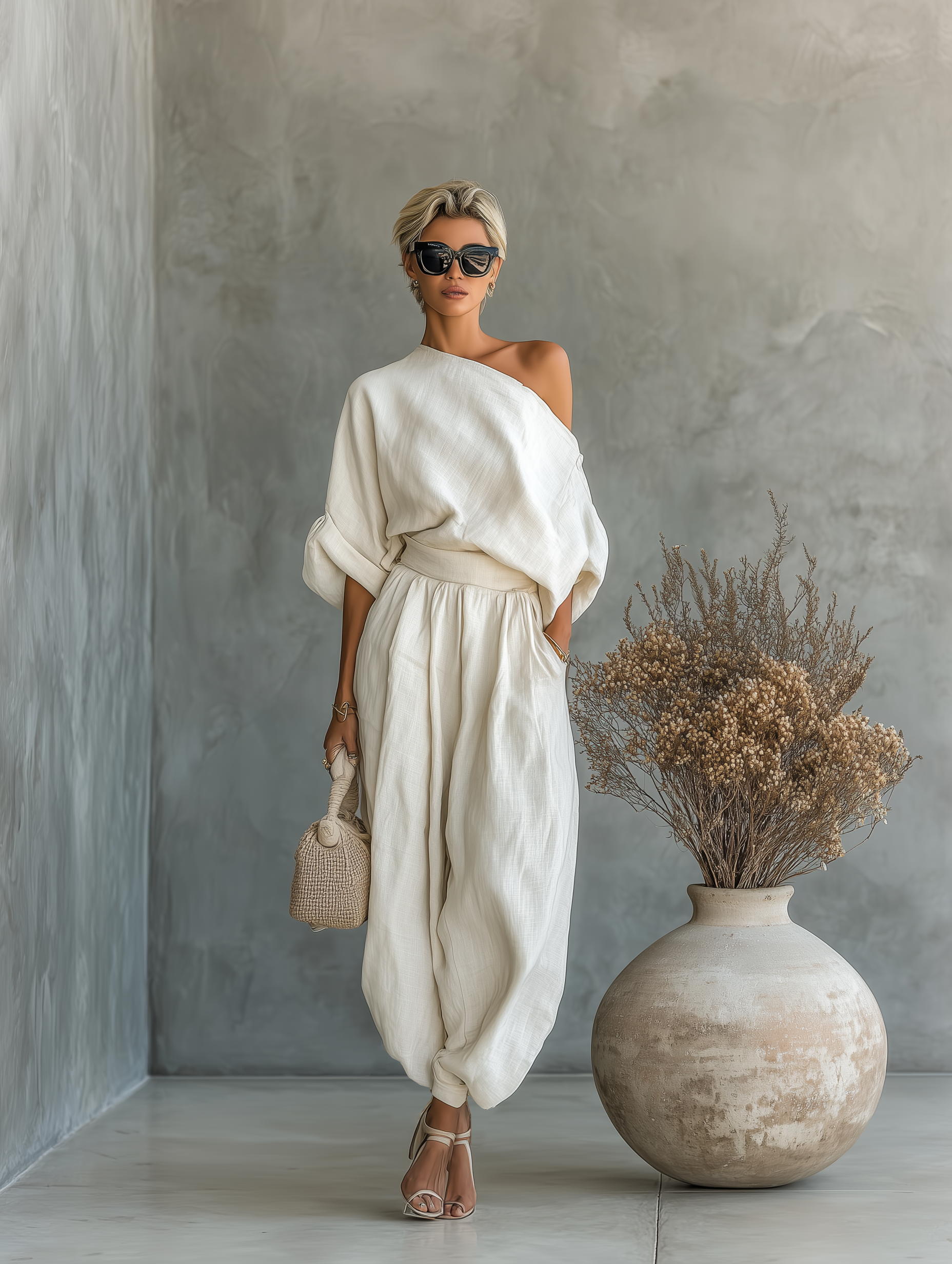 Women's Off-White Linen Set with Off-Shoulder Top and Tapered Pants β’ S1