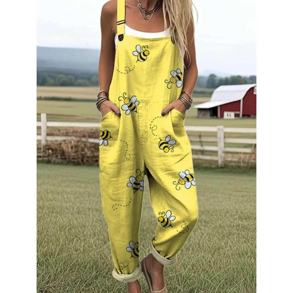 Relaxed Fit Women's Bumble Bee Overalls with Cute Animals Patterns Fashion Jumpsuits Adjustable Design for Picnics and Country Outings
