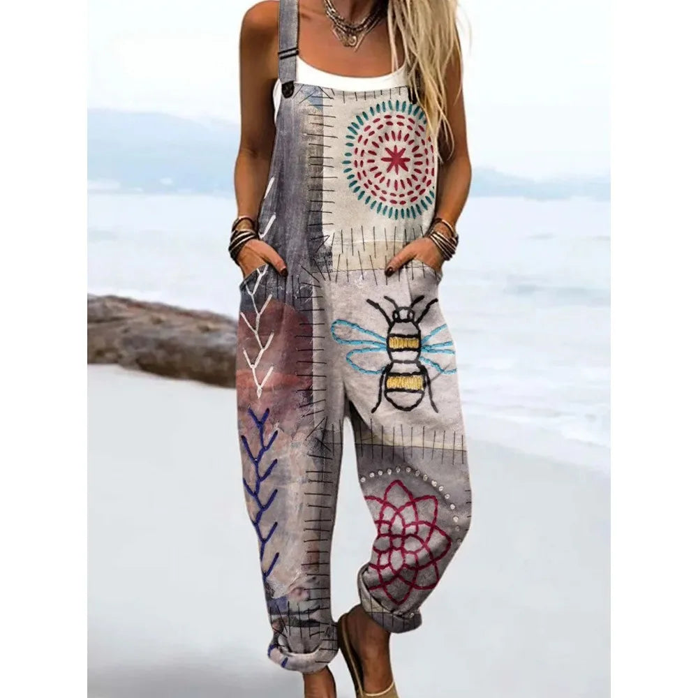 Relaxed Fit Women's Bumble Bee Overalls with Cute Animals Patterns Fashion Jumpsuits Adjustable Design for Picnics and Country Outings
