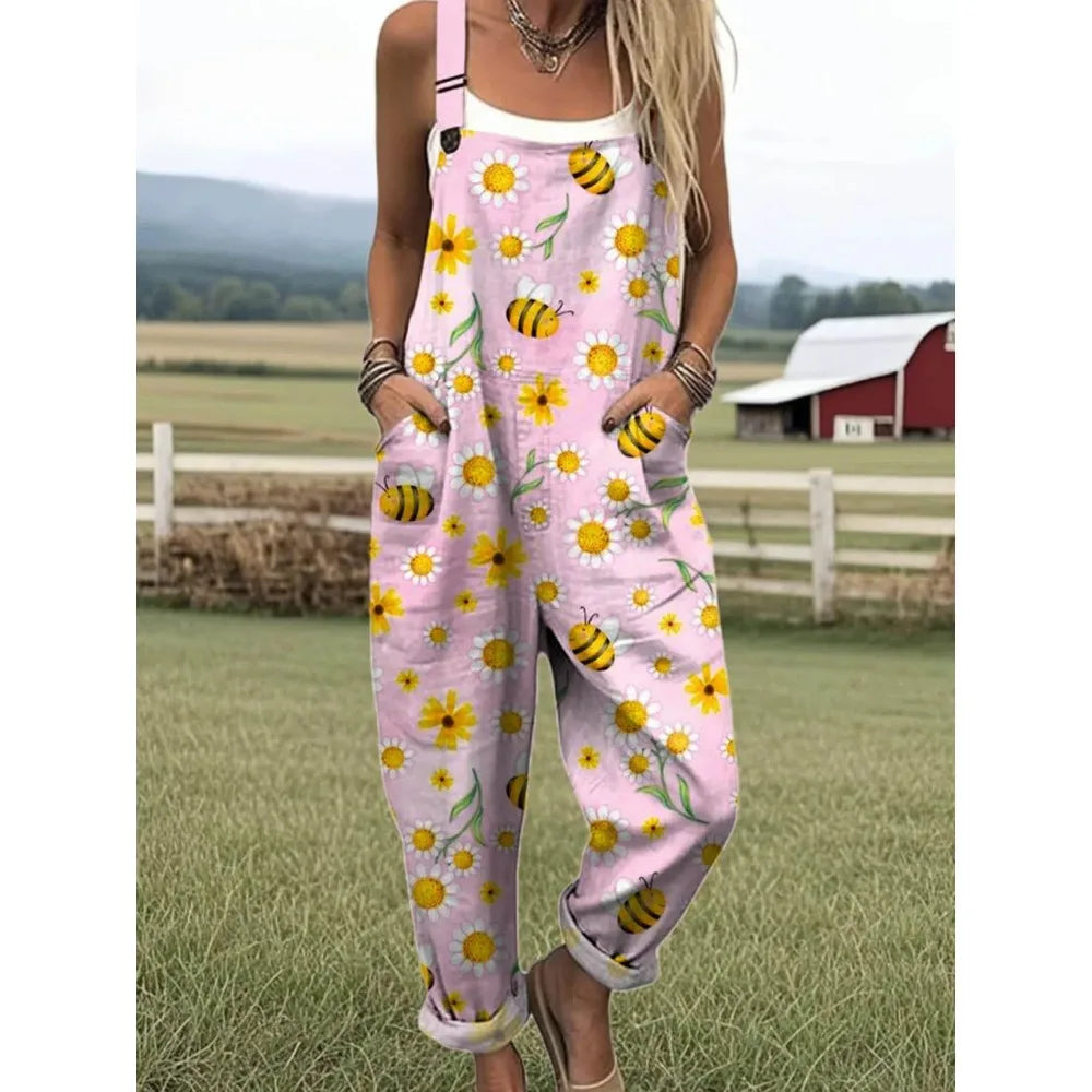 Relaxed Fit Women's Bumble Bee Overalls with Cute Animals Patterns Fashion Jumpsuits Adjustable Design for Picnics and Country Outings