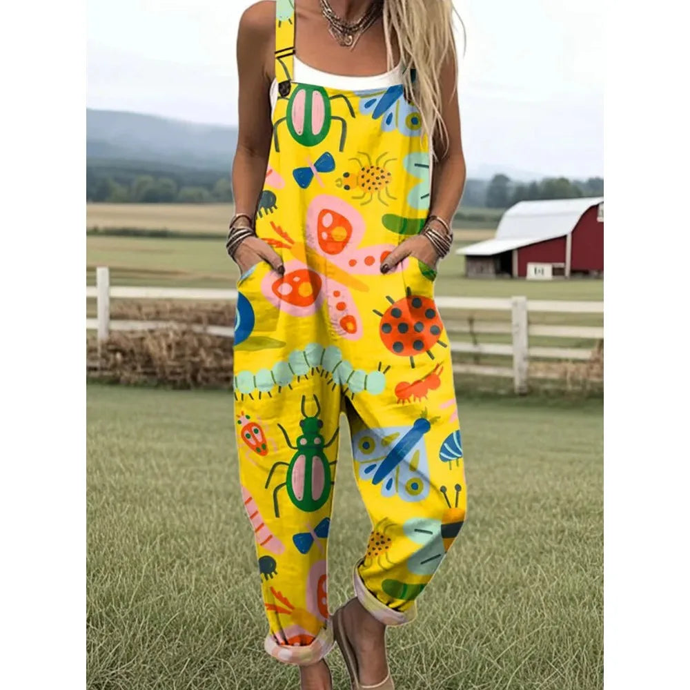 Relaxed Fit Women's Bumble Bee Overalls with Cute Animals Patterns Fashion Jumpsuits Adjustable Design for Picnics and Country Outings