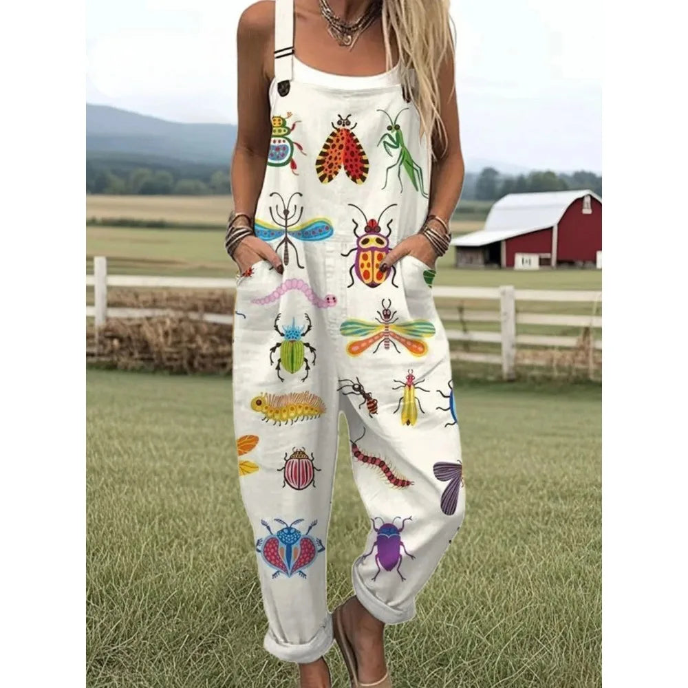 Relaxed Fit Women's Bumble Bee Overalls with Cute Animals Patterns Fashion Jumpsuits Adjustable Design for Picnics and Country Outings