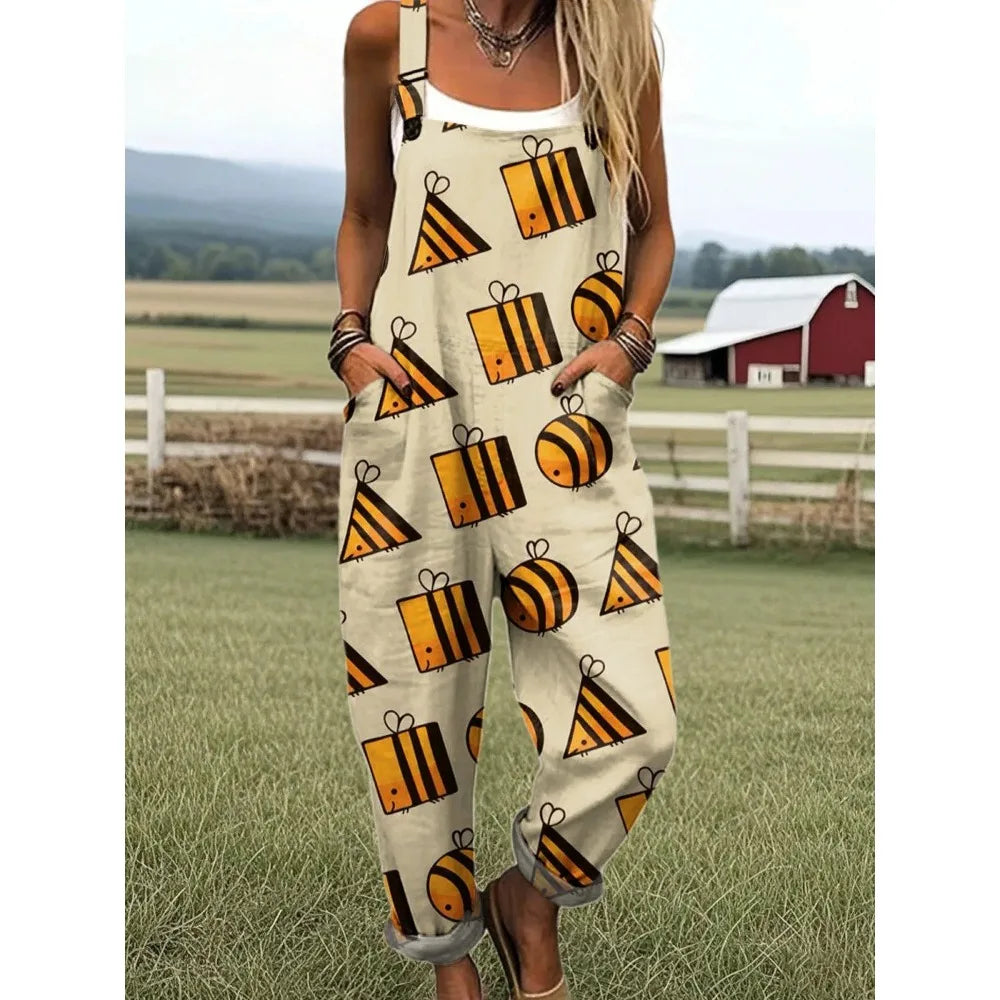 Relaxed Fit Women's Bumble Bee Overalls with Cute Animals Patterns Fashion Jumpsuits Adjustable Design for Picnics and Country Outings