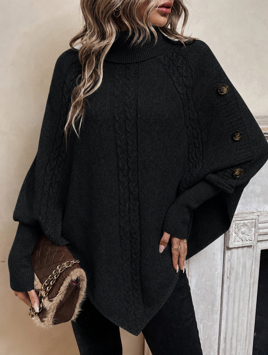 Alexis | High Neck Batwing Poncho Sweater, Asymmetrical Cable Knit Pullover